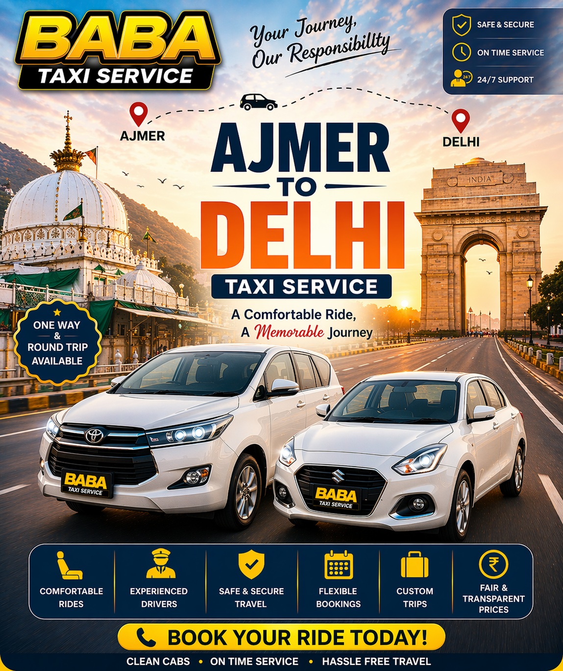 Ajmer to Delhi taxi cab service – AC one way cab