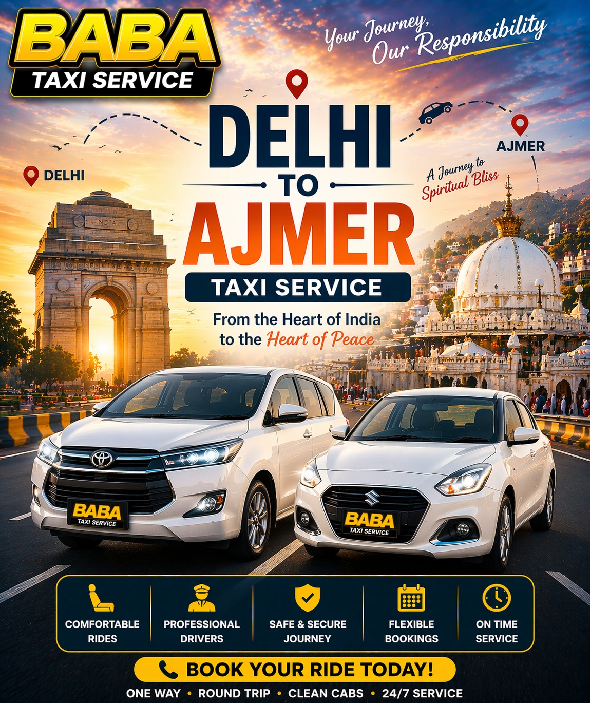 Delhi to Ajmer taxi cab service – AC one way cab