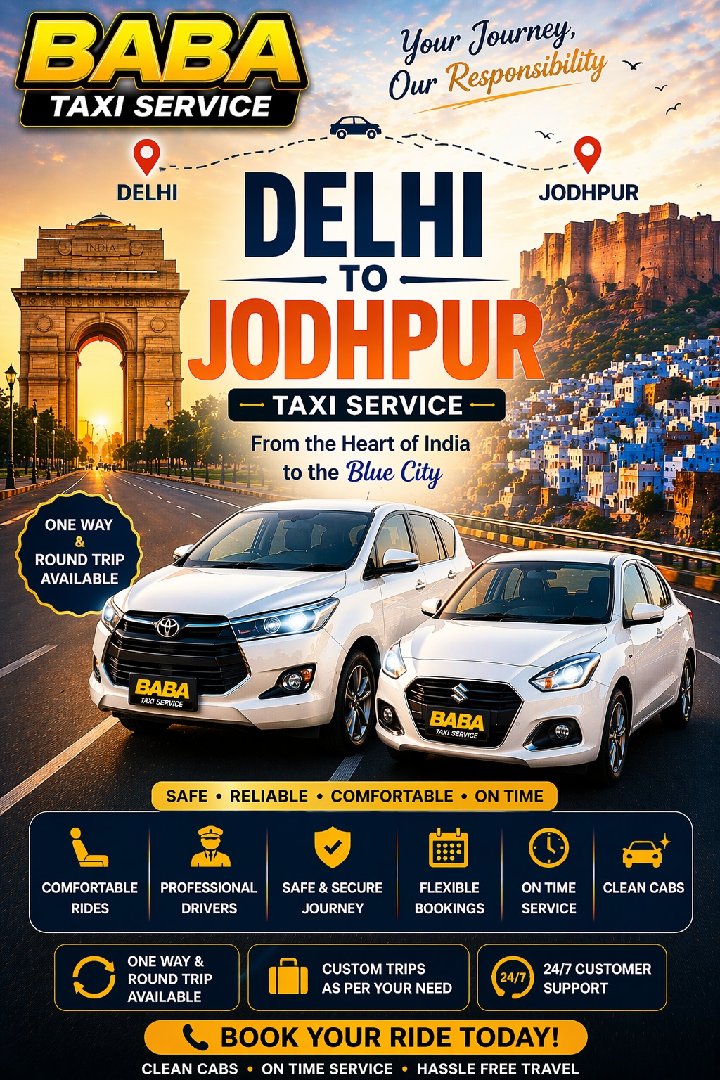 Delhi to Jodhpur taxi cab service – AC one way cab