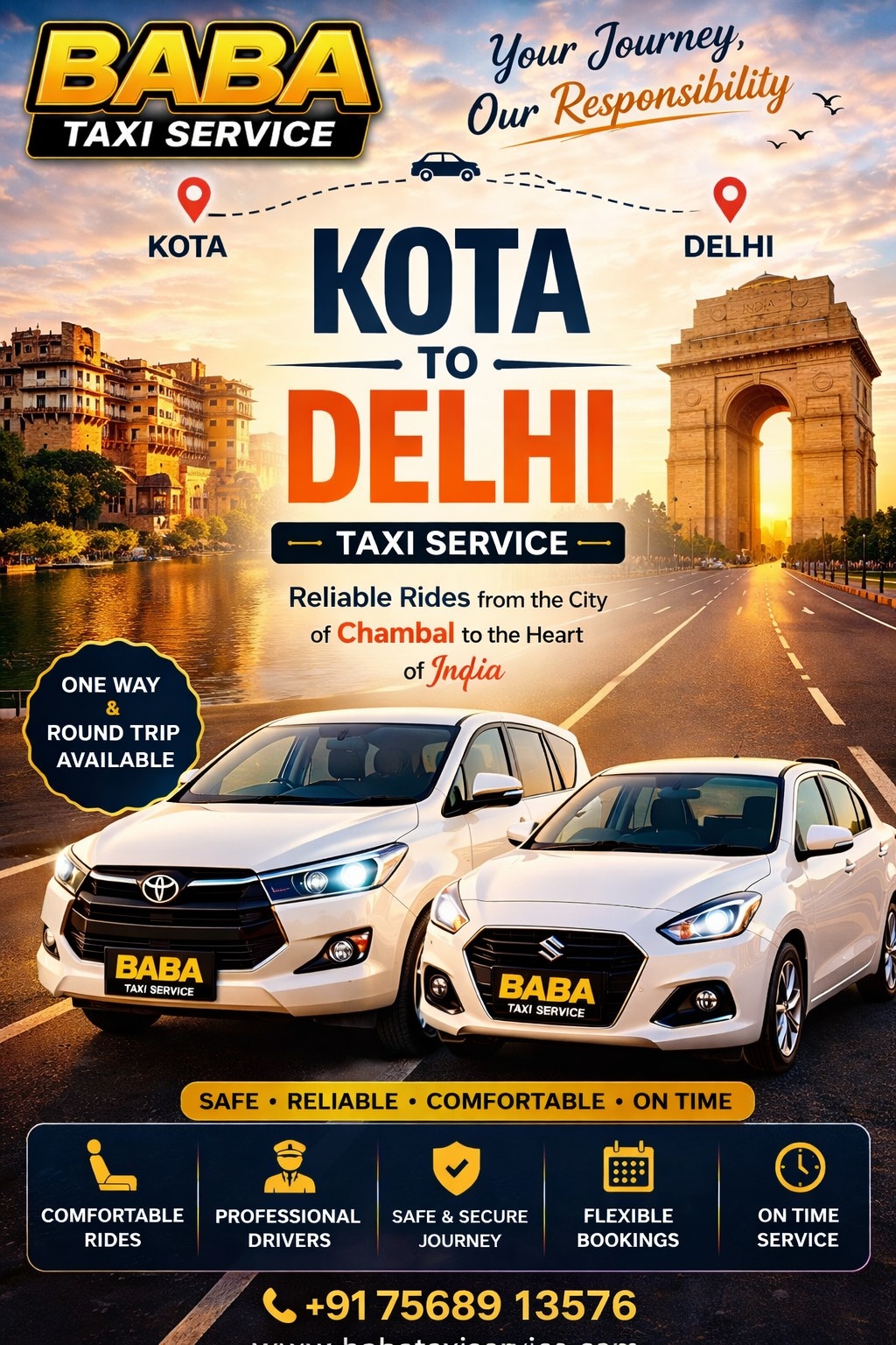 Kota to Delhi taxi cab service – AC one way cab