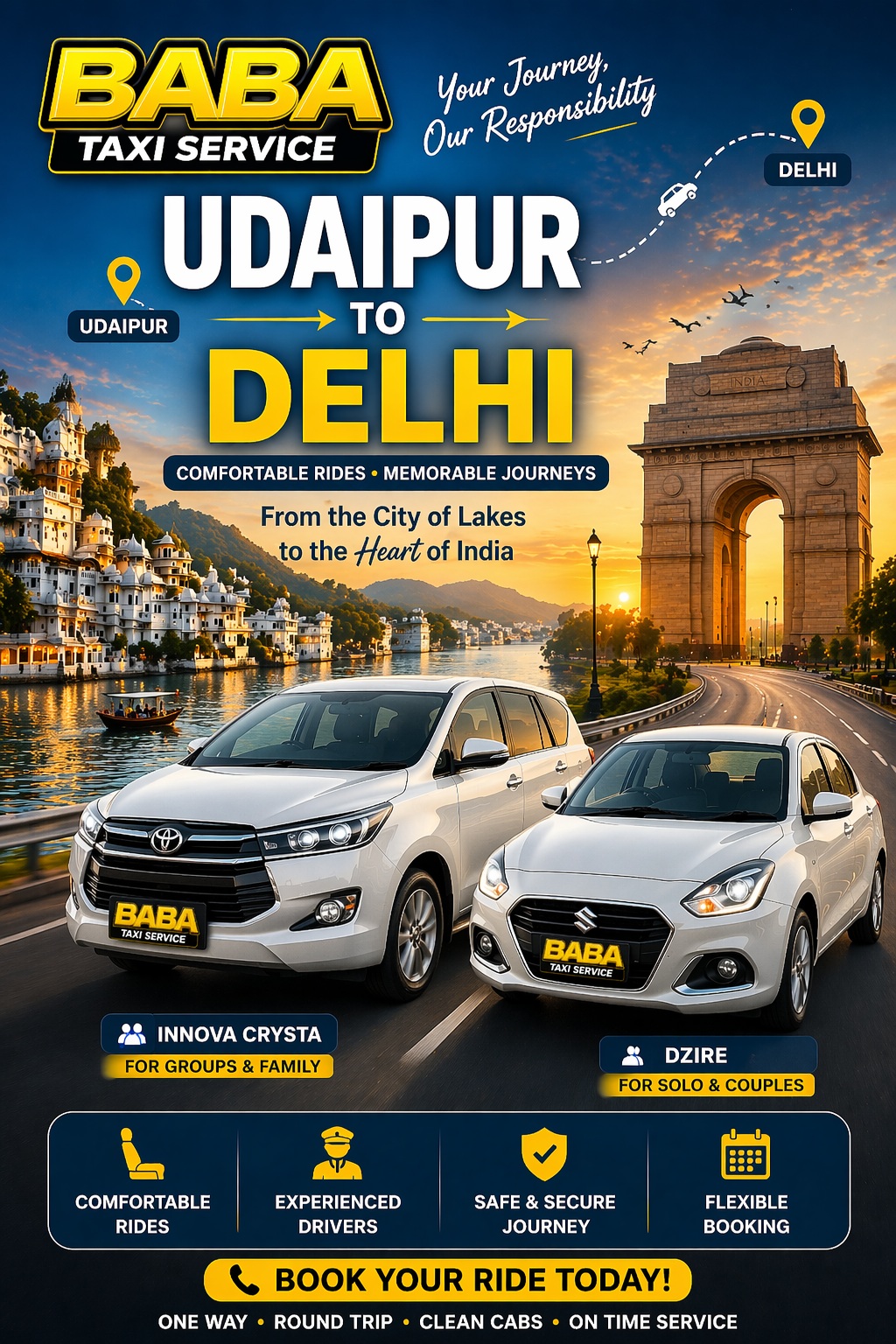 Udaipur to Delhi taxi cab service – AC one way cab