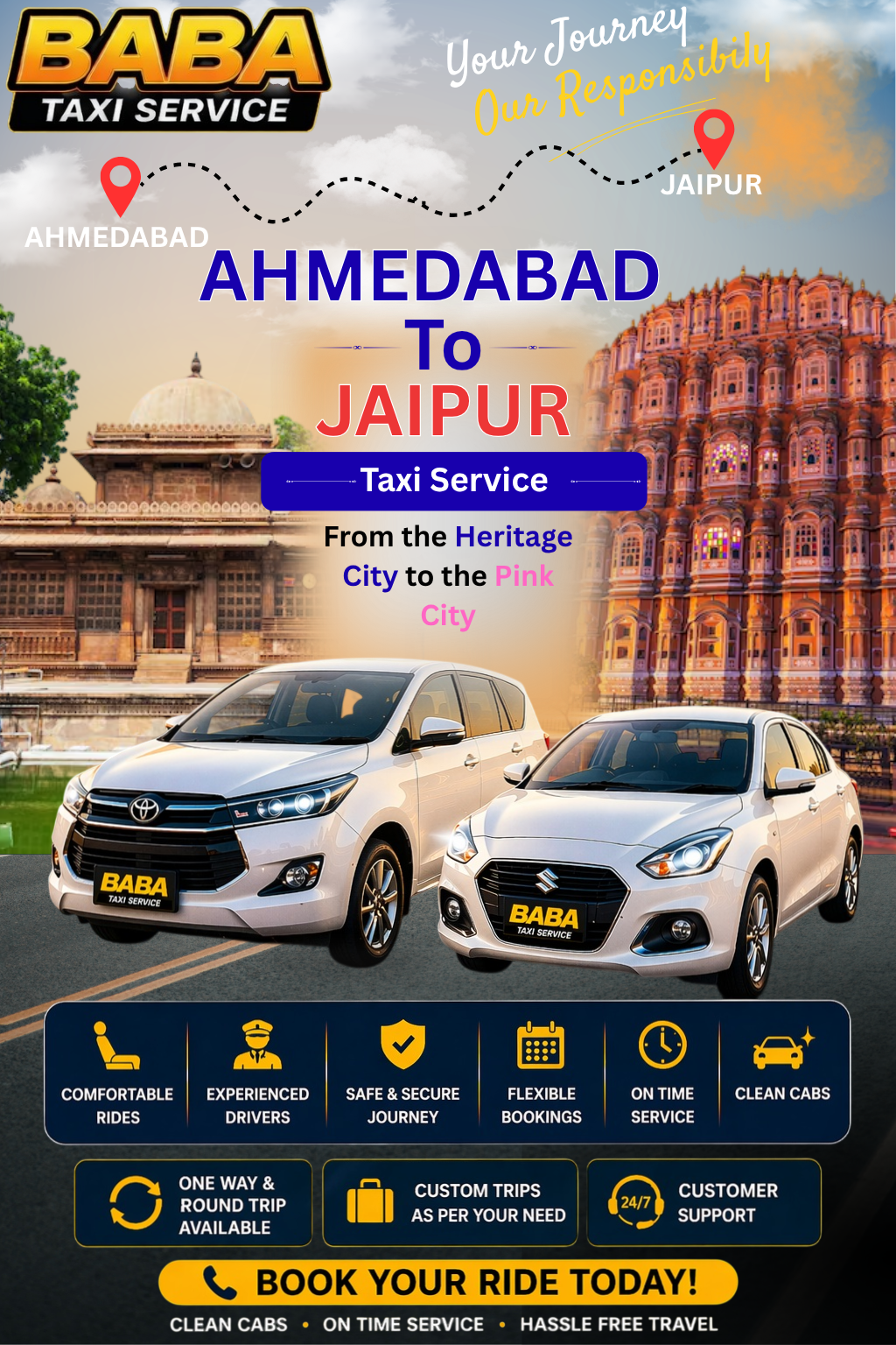 Ahmedabad to Jaipur taxi service – AC one way cab booking
