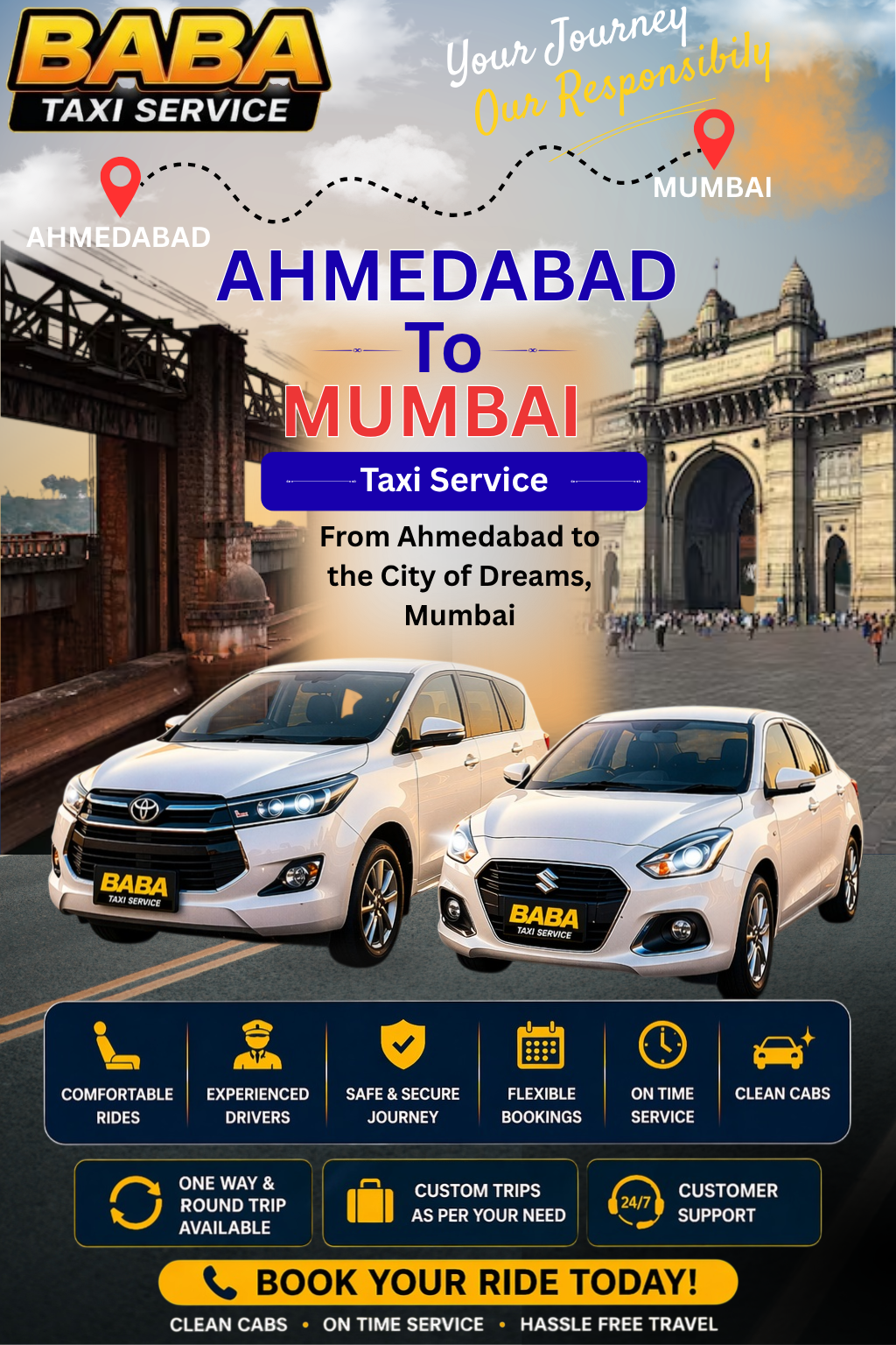 Ahmedabad to Mumbai taxi service – AC one way cab booking