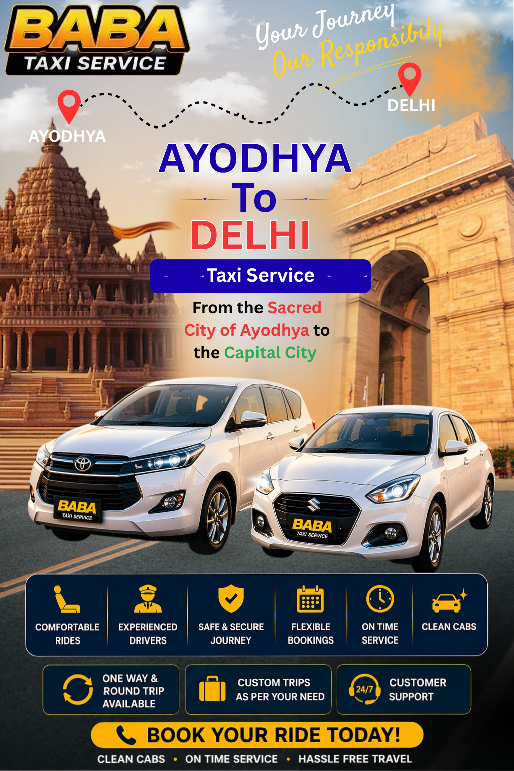 Ayodhya to Delhi taxi service – AC one way cab booking