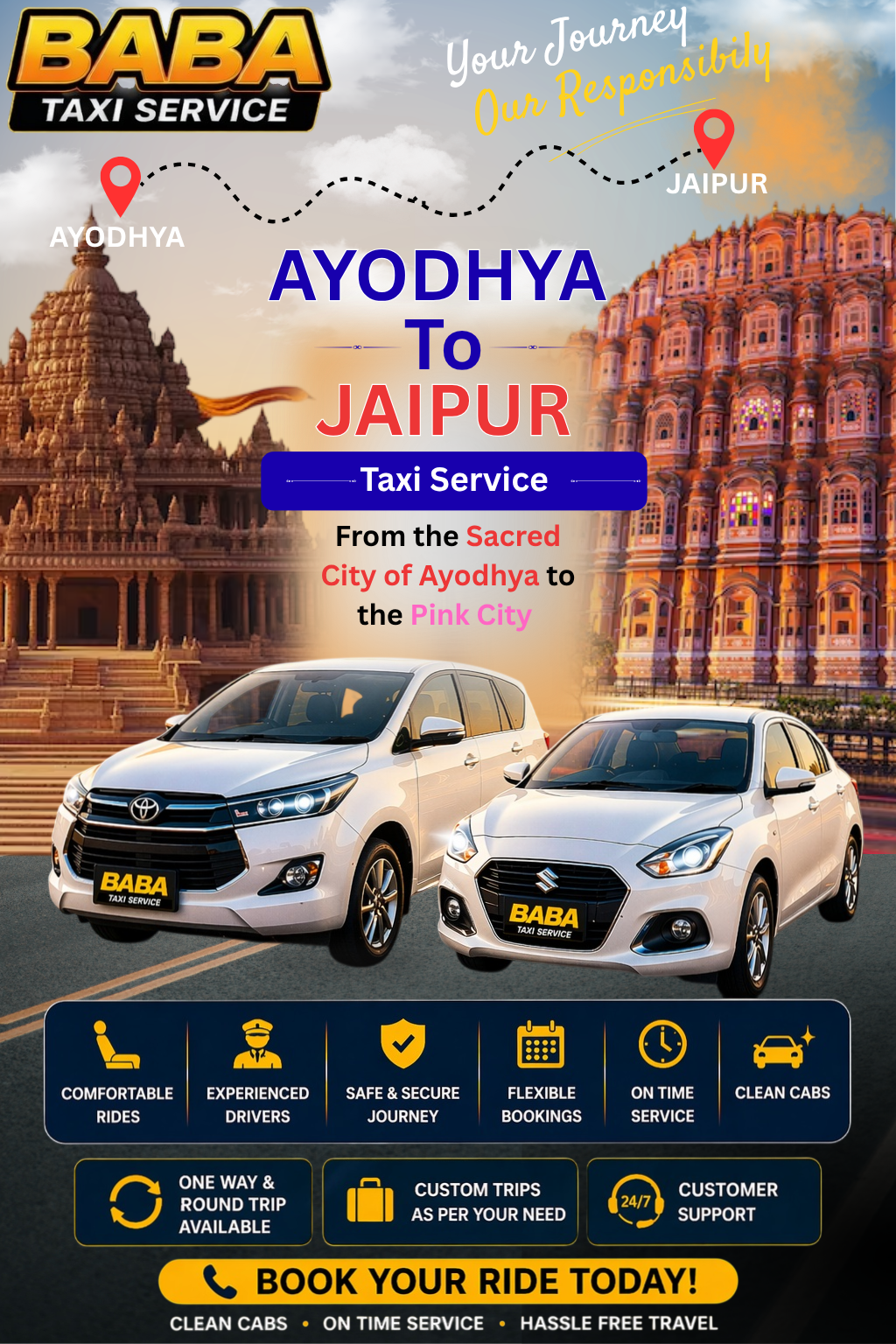 Ayodhya to Jaipur taxi service – AC one way cab booking