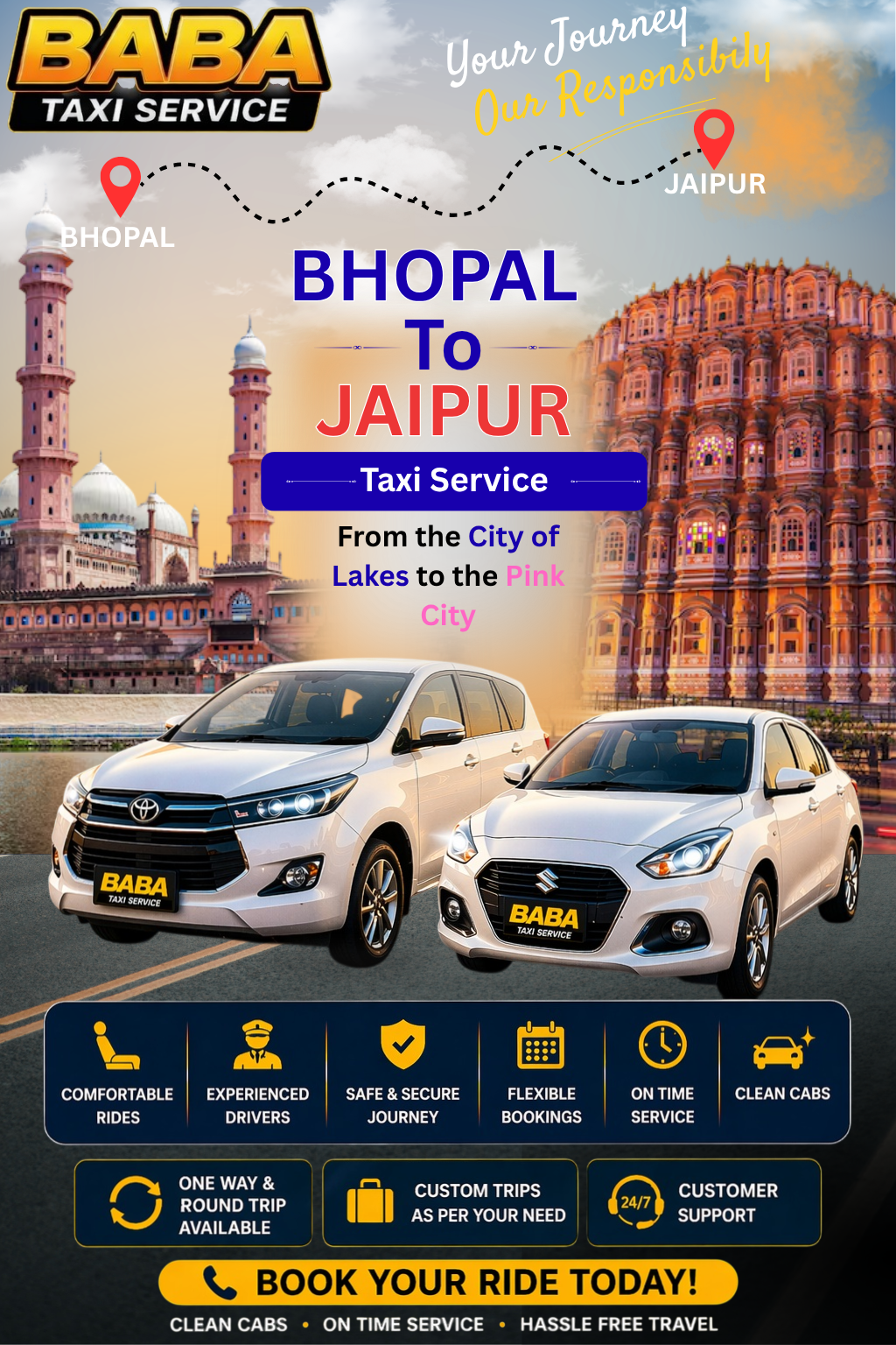 Bhopal to Jaipur taxi service – AC one way cab booking
