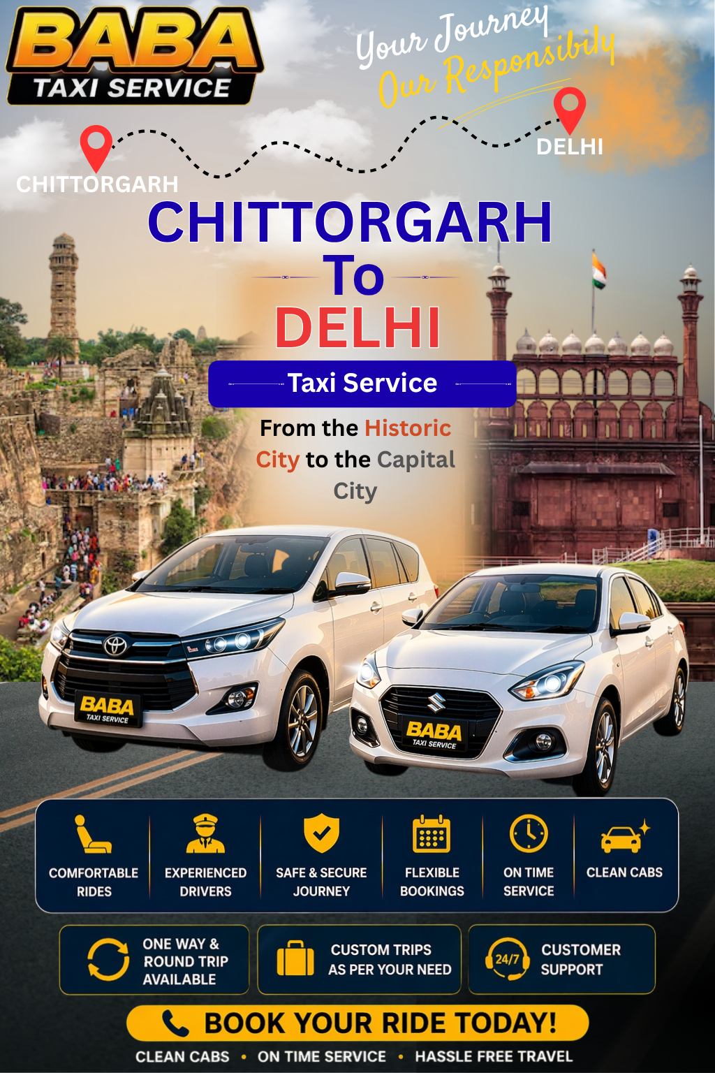 Chittorgarh to Delhi taxi service – AC one way cab booking