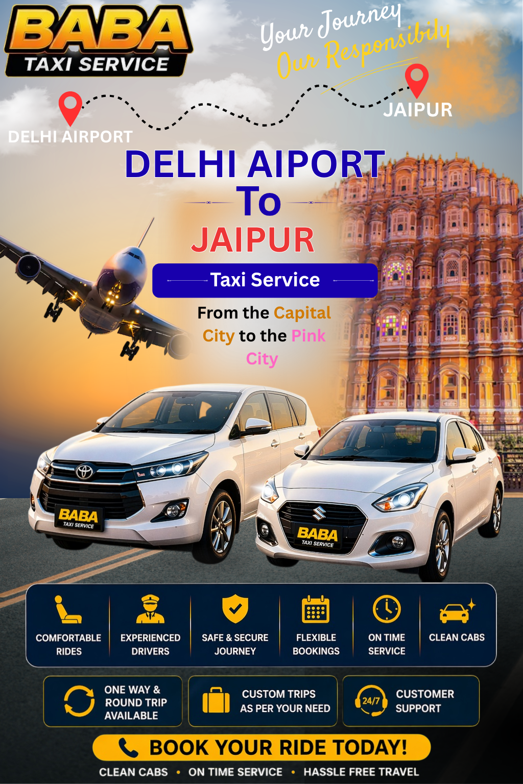 Delhi Airport to Jaipur taxi service – AC one way cab booking