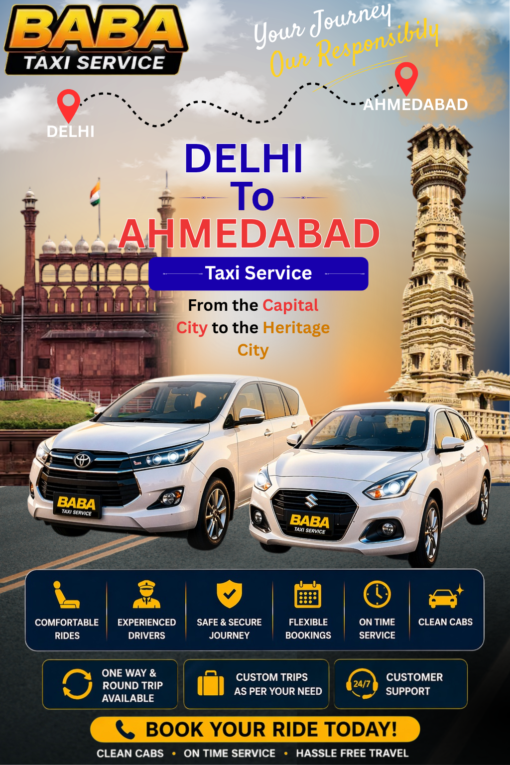Delhi to Ahmedabad taxi service – AC one way cab booking