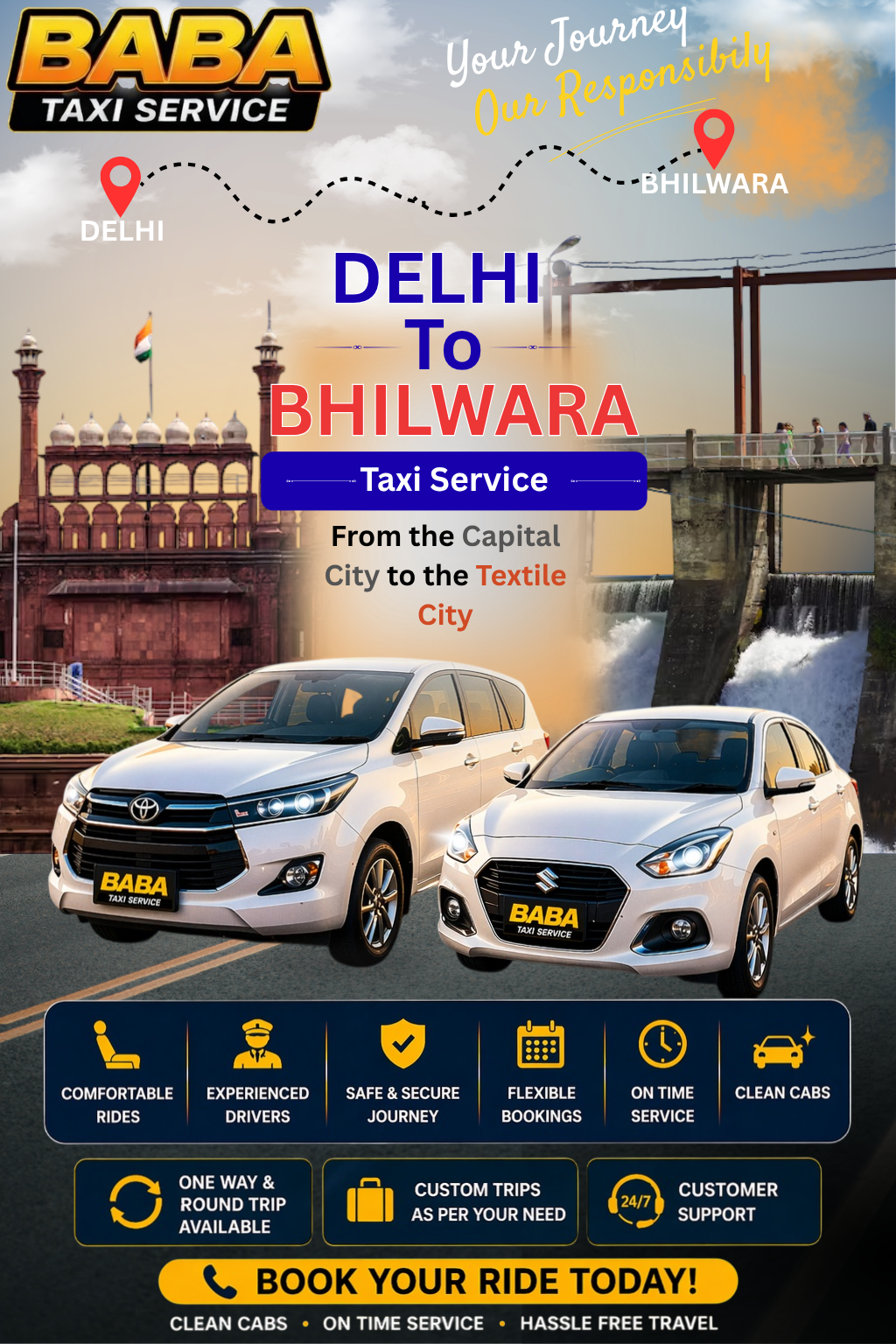 Delhi to Bhilwara taxi service – AC one way cab booking