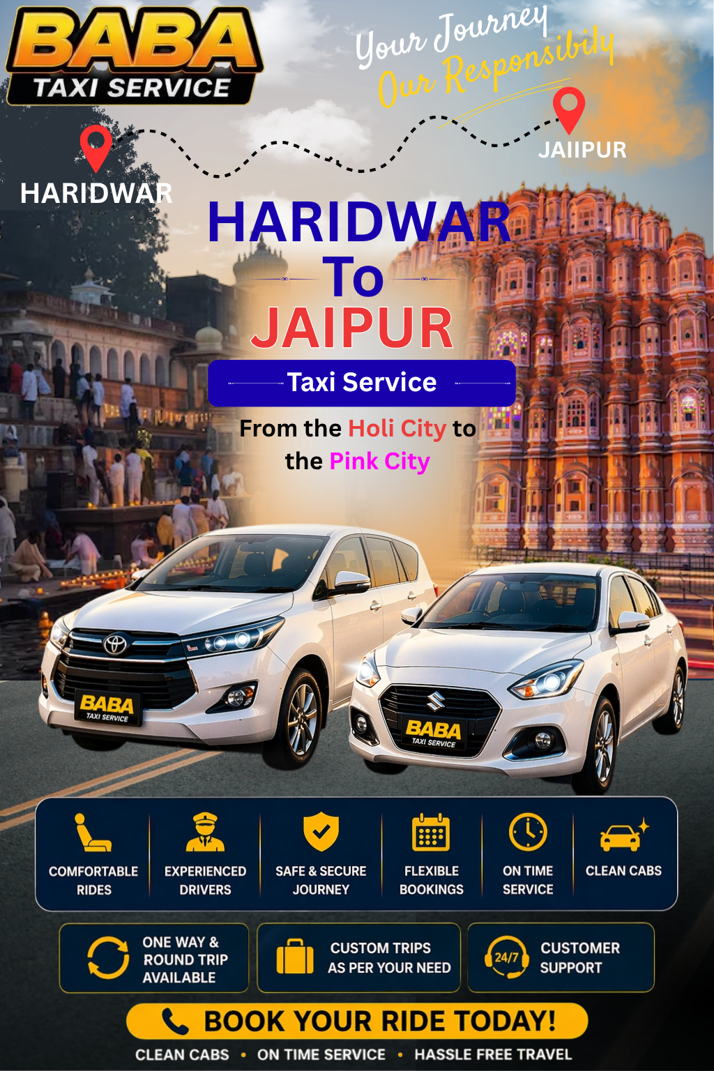 Haridwar to Jaipur taxi service – AC one way cab booking