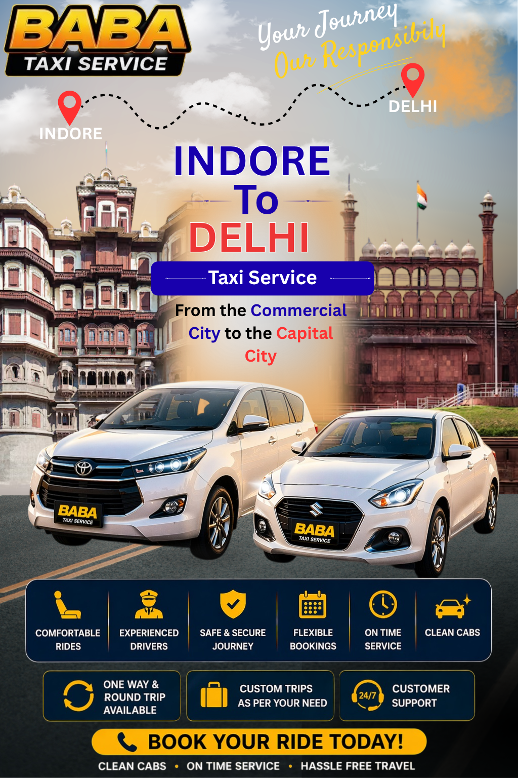 Indore to Delhi taxi service – AC one way cab booking