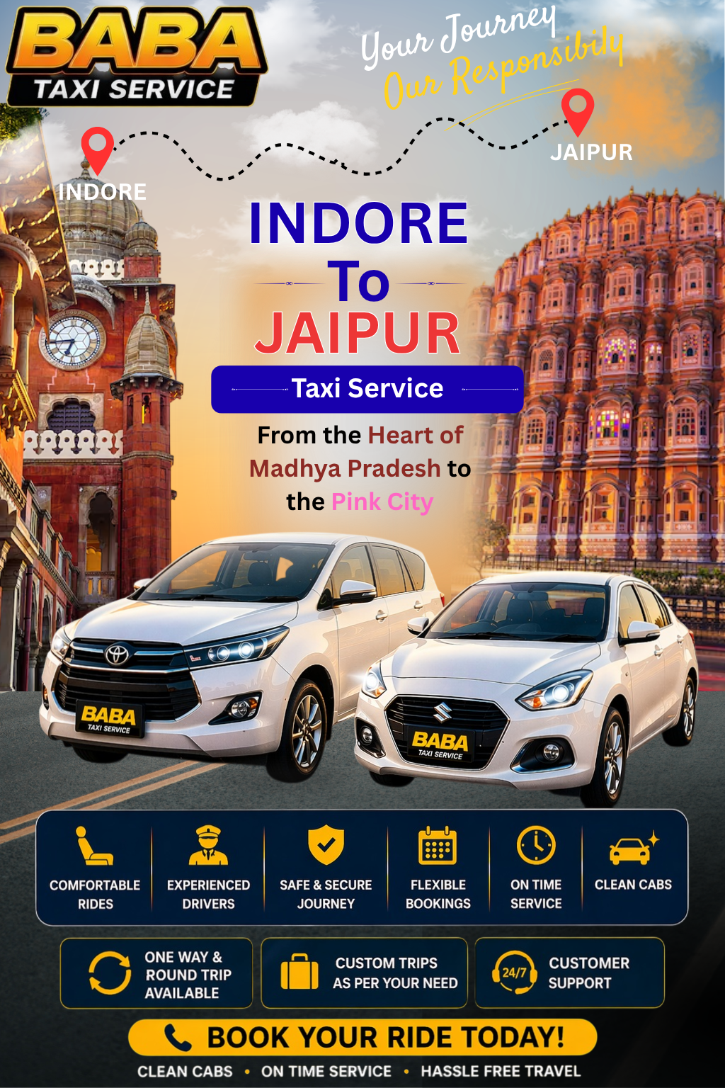 Indore to Jaipur taxi service – AC one way cab booking