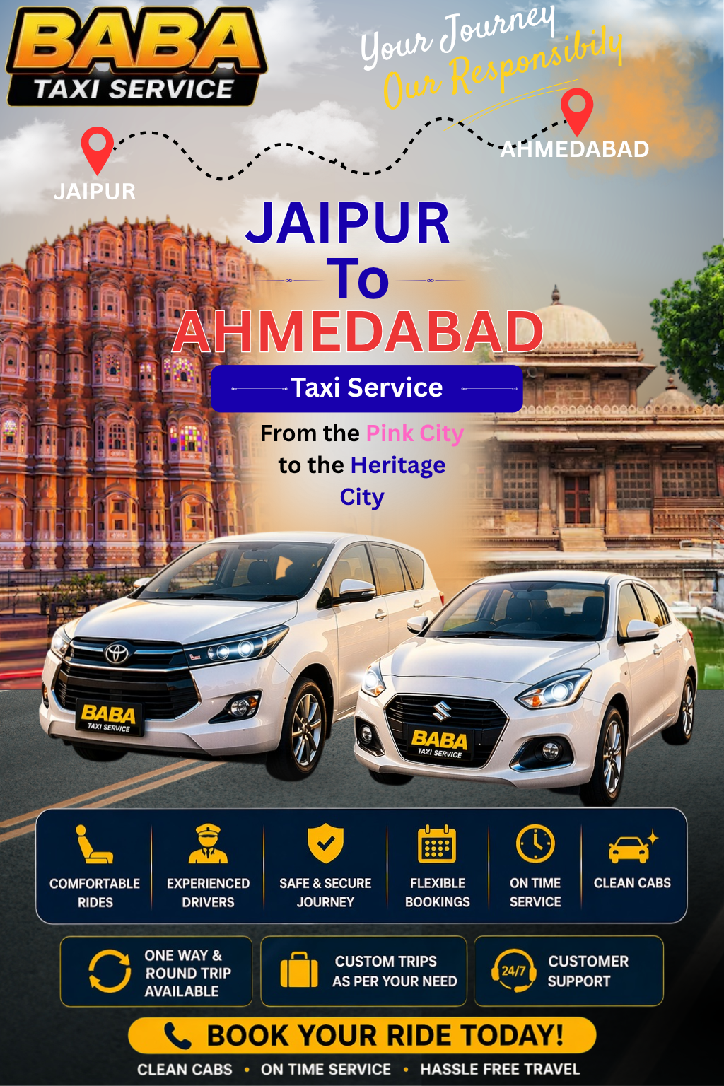 Jaipur to Ahmedabad taxi service – AC one way cab booking