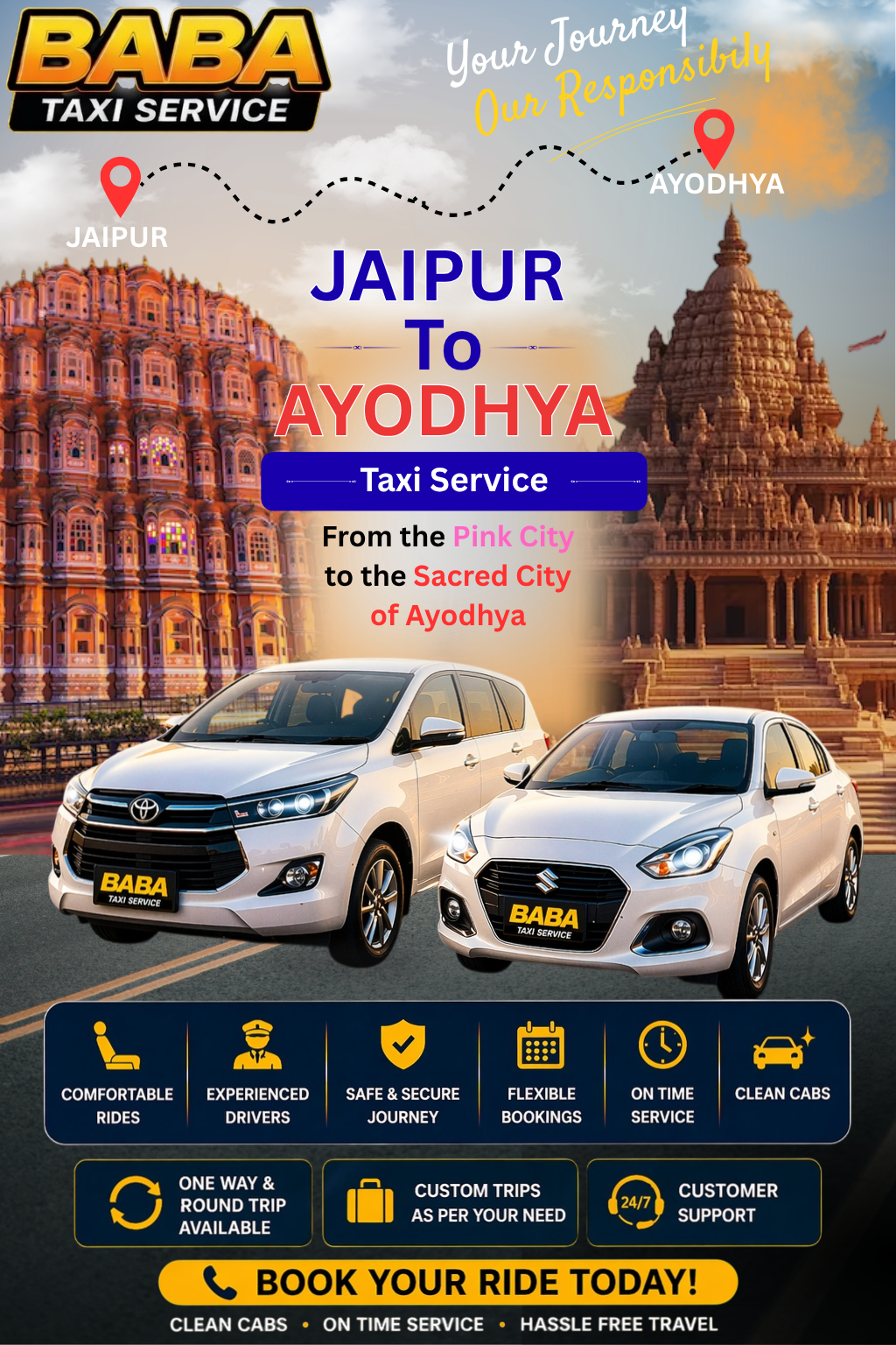 Jaipur to Ayodhya taxi service – AC one way cab booking