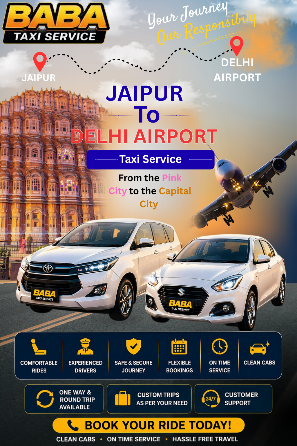 Jaipur to Delhi Airport taxi service – AC one way cab booking