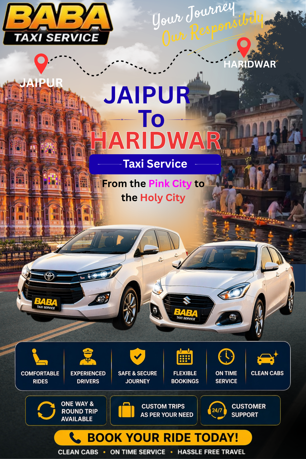 Jaipur to Haridwar taxi service – AC one way cab booking