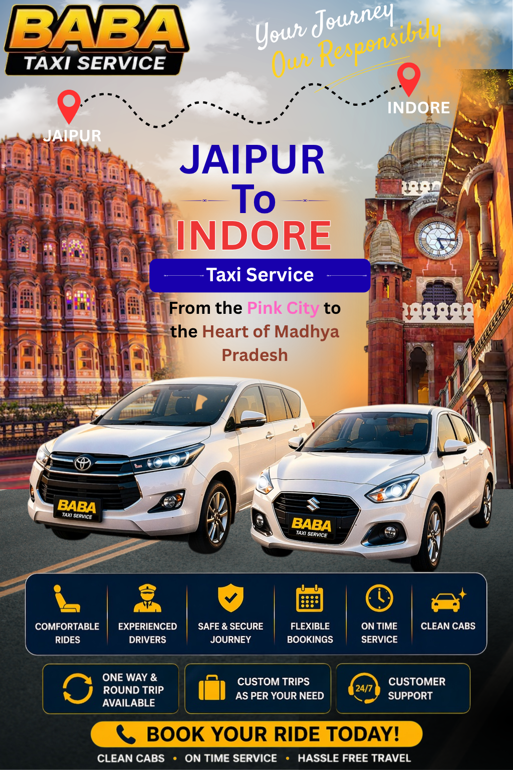 Jaipur to Indore taxi service – AC one way cab booking