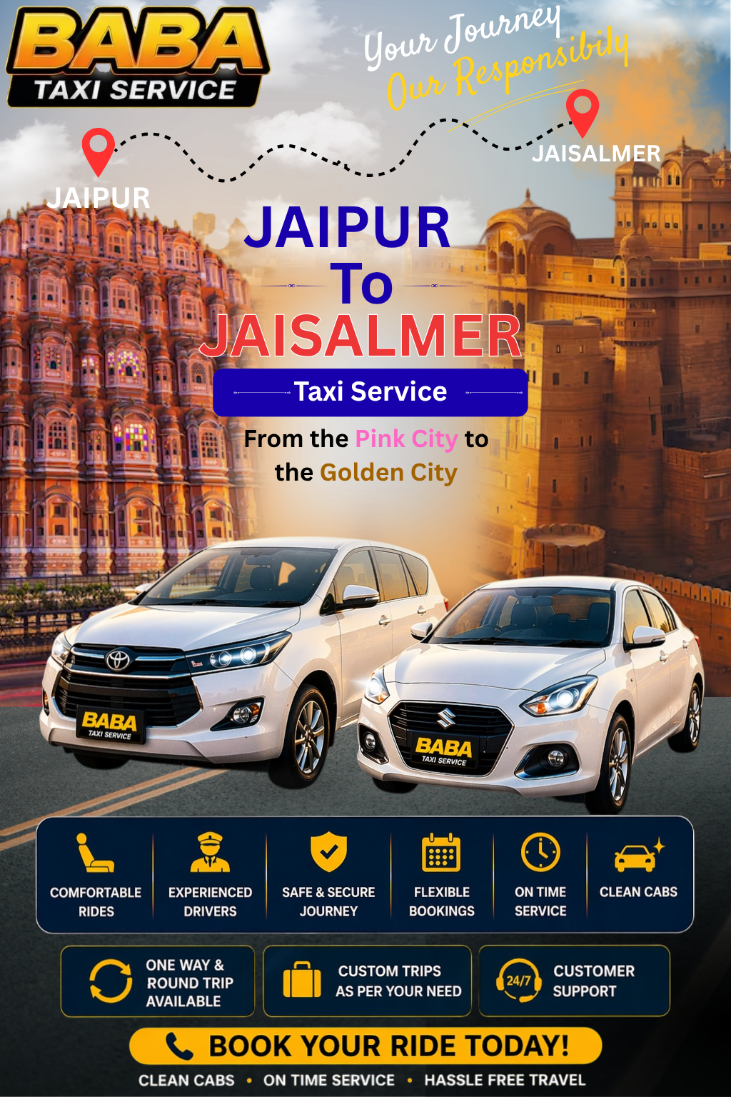 Jaipur to Jaisalmer taxi service – AC one way cab booking
