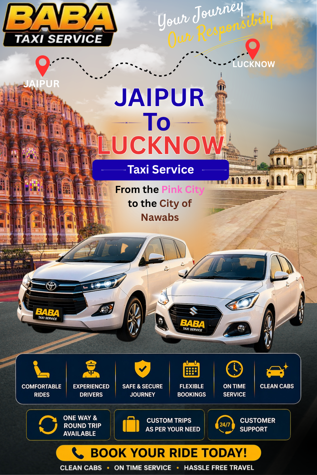 Jaipur to Lucknow taxi service – AC one way cab booking