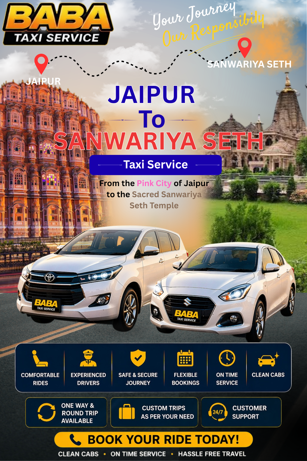 Jaipur to Sanwariya Seth taxi service – AC one way cab booking