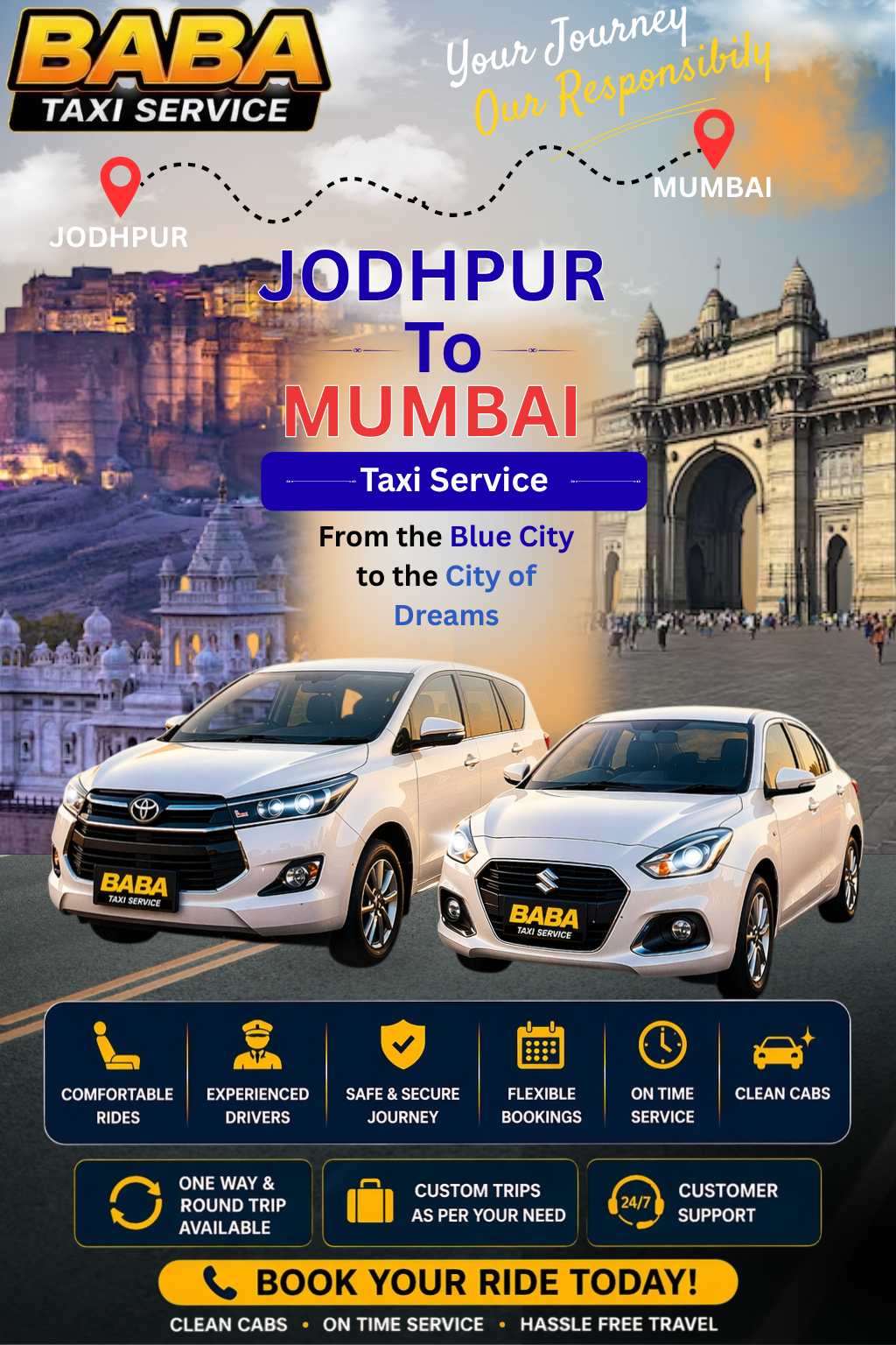 Jodhpur to Mumbai taxi service – AC one way cab booking