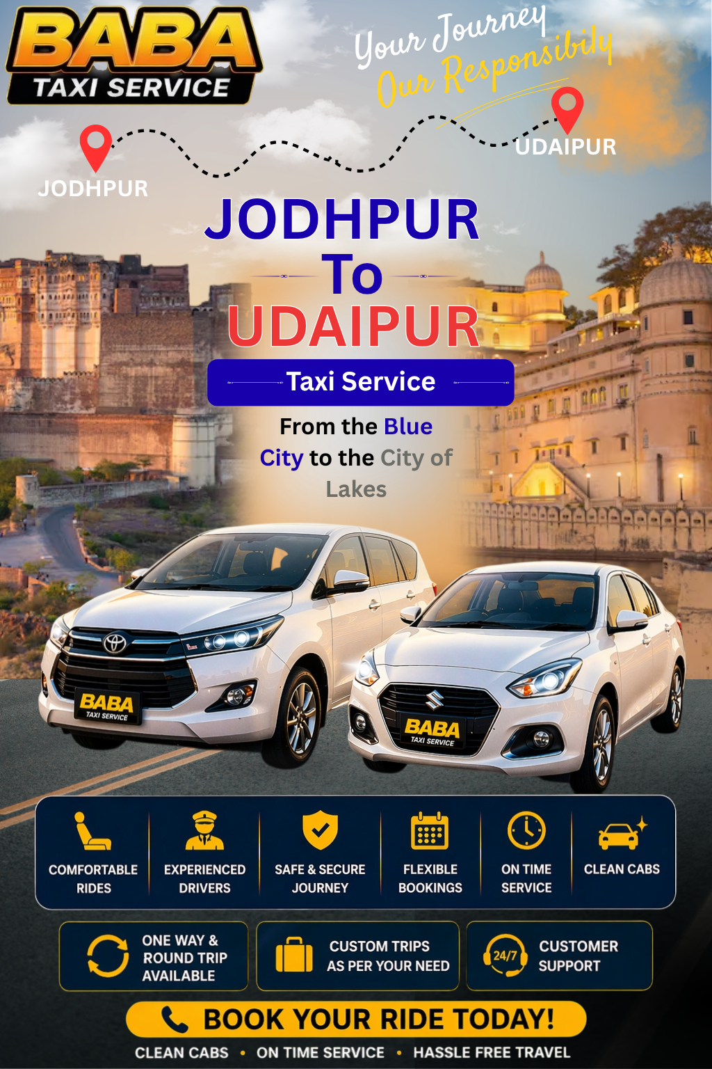 Jodhpur to Udaipur taxi service – AC one way cab booking