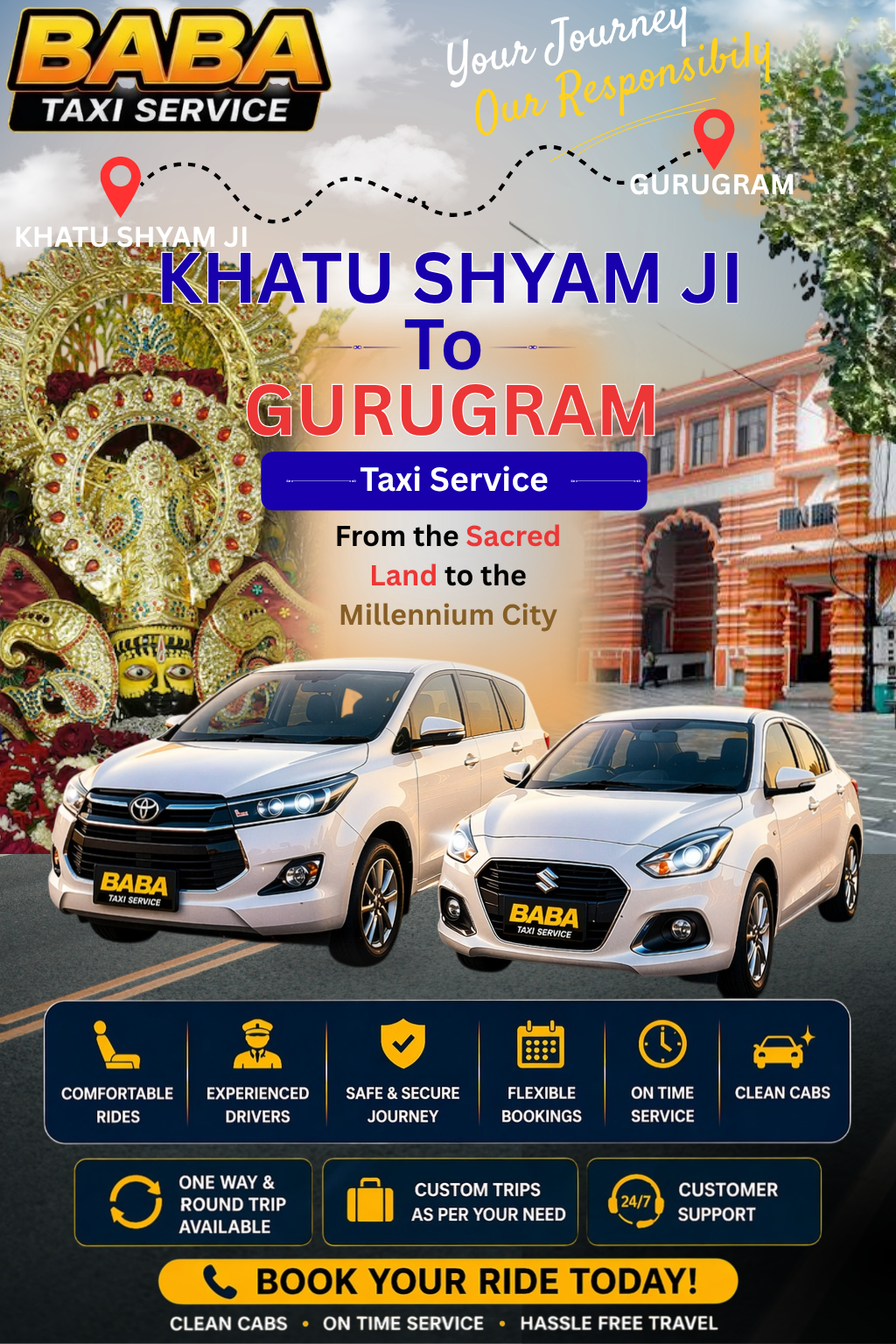 Khatu Shyam Ji to Gurugram taxi service – AC one way cab booking