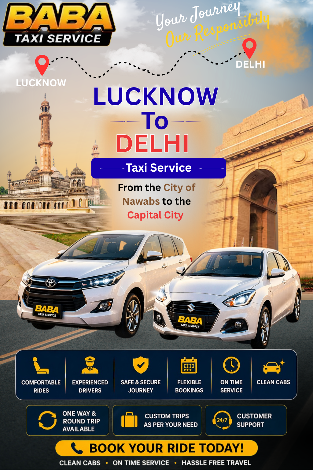 Lucknow to Delhi taxi service – AC one way cab booking