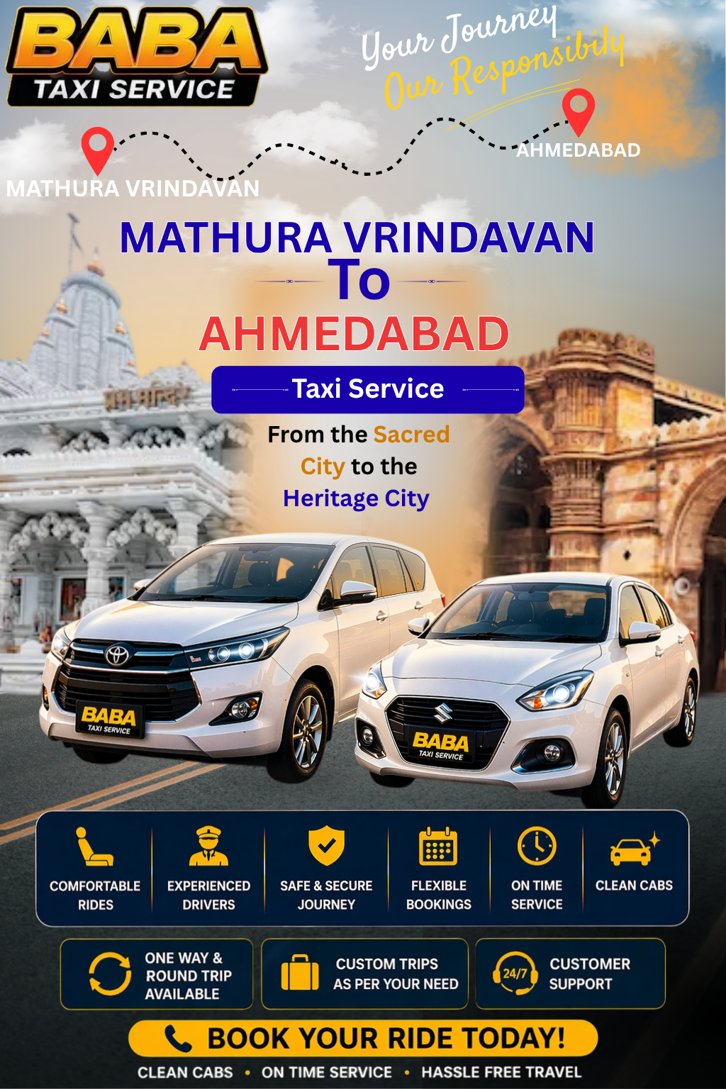 Mathura Vrindavan to Ahmedabad taxi service – AC one way cab booking