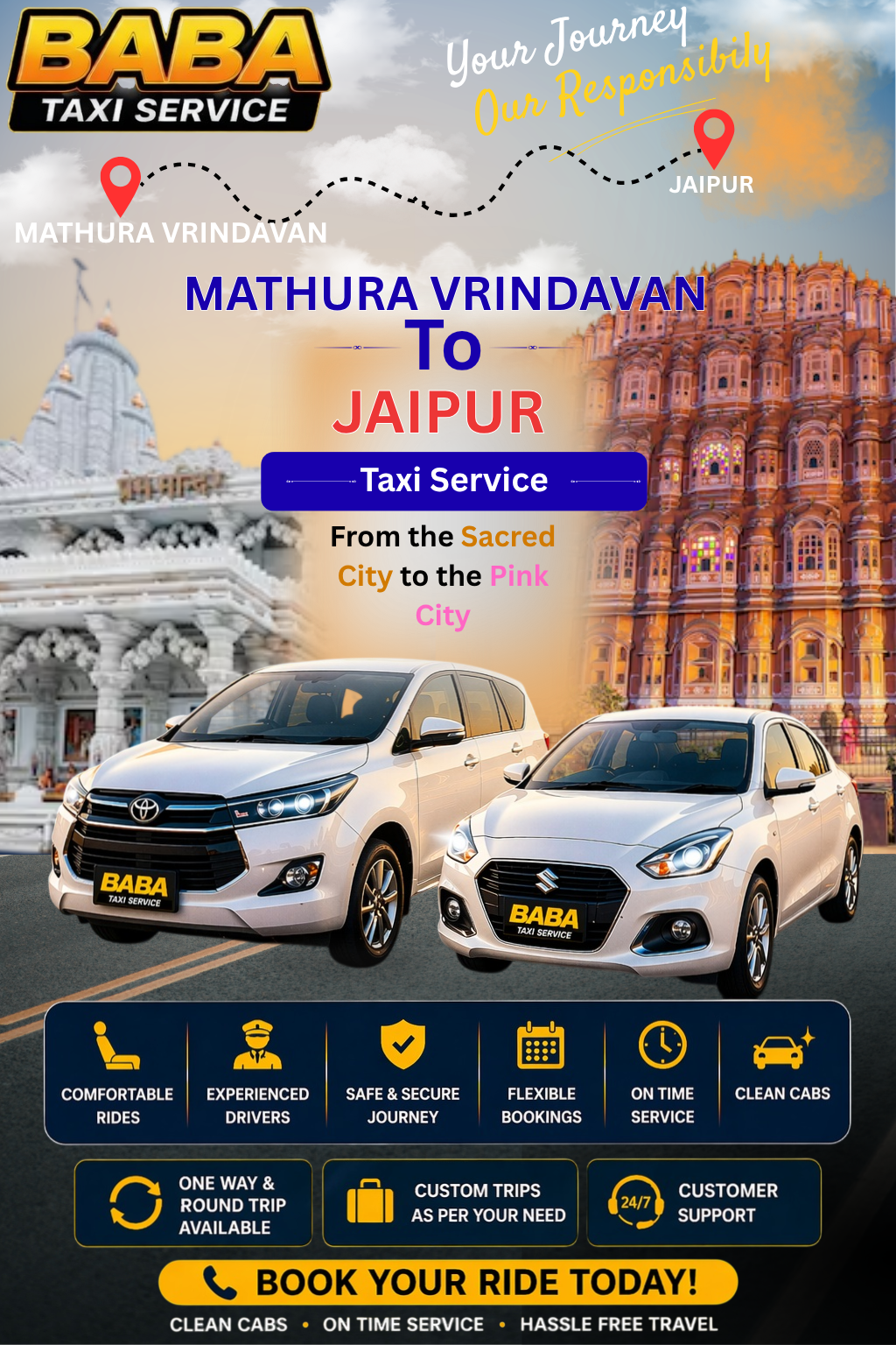 Mathura Vrindavan to Jaipur taxi service – AC one way cab booking