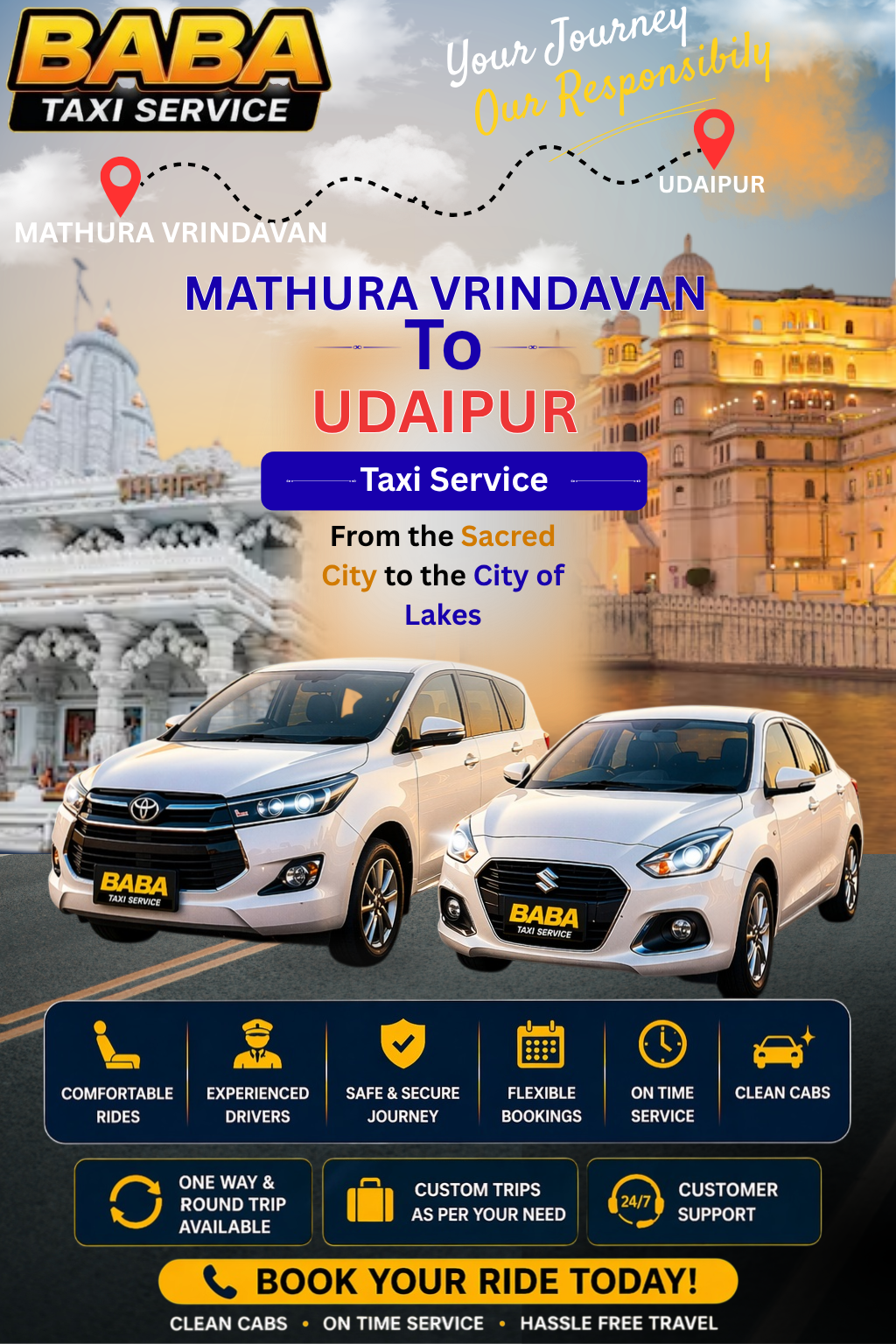Mathura Vrindavan to Udaipur taxi service – AC one way cab booking