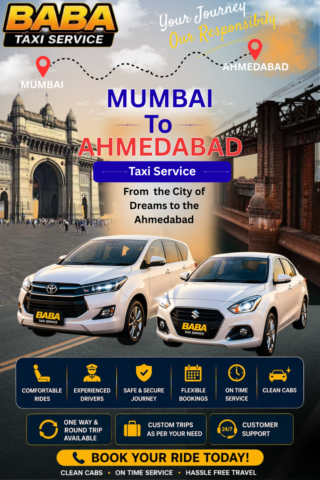 Mumbai to Ahmedabad taxi service – AC one way cab booking