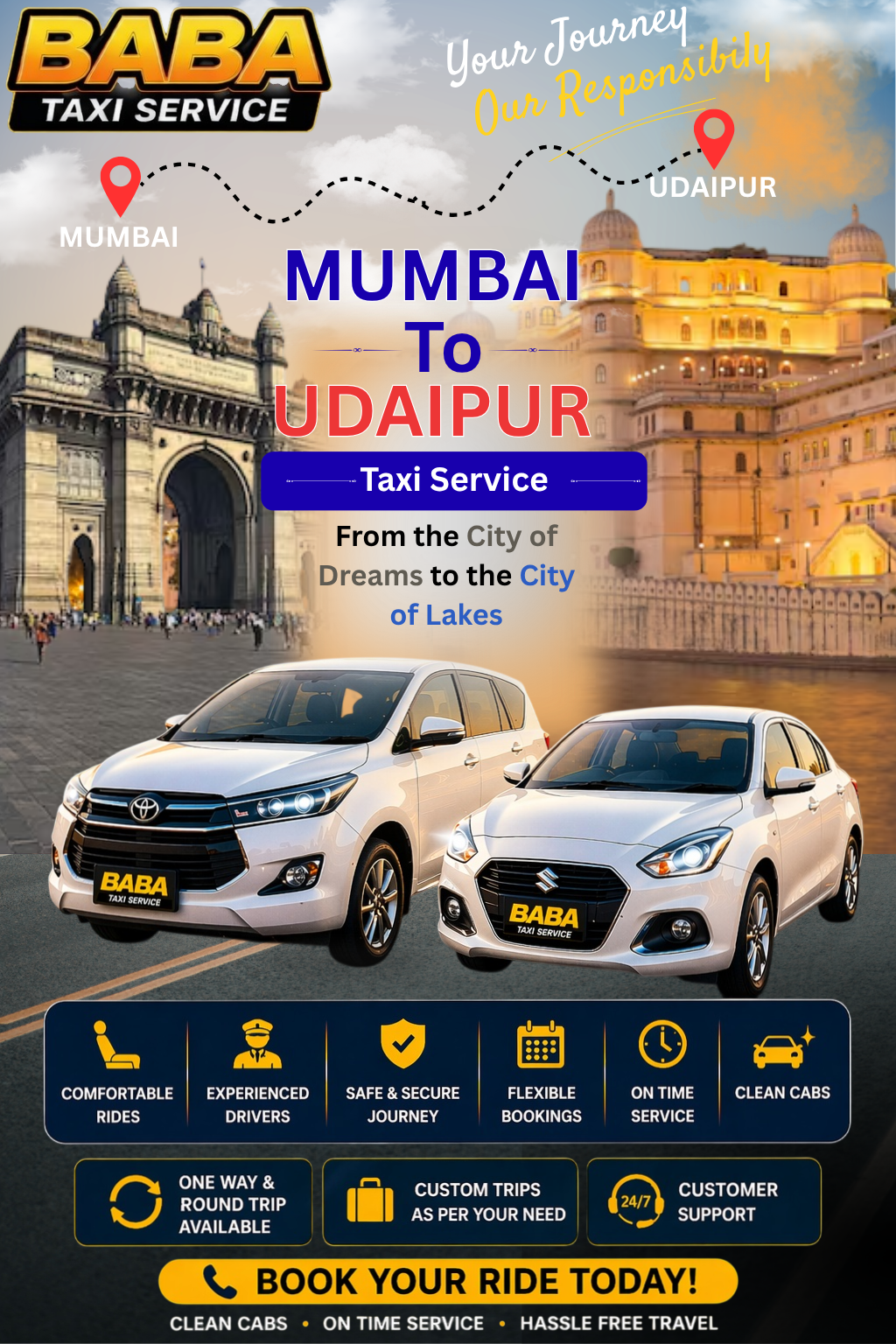 Mumbai to Udaipur taxi service – AC one way cab booking