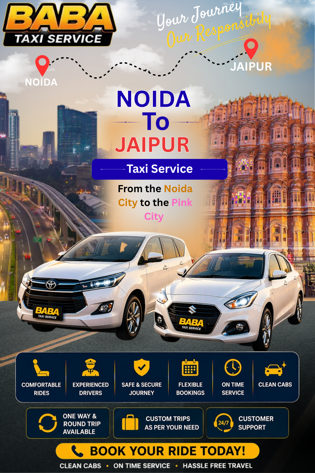 Noida to Jaipur taxi service – AC one way cab booking