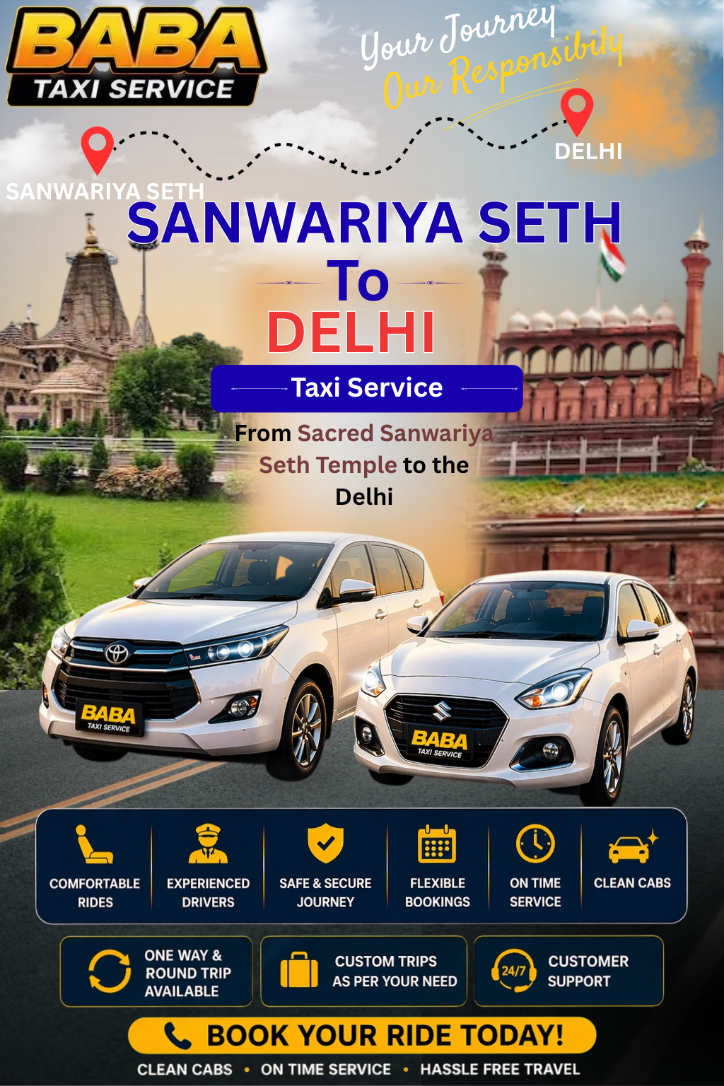 Sanwariya Seth to Delhi taxi service – AC one way cab booking