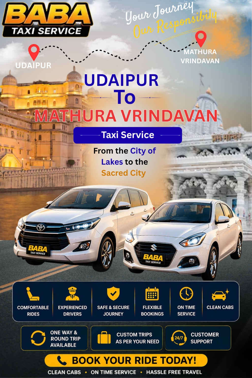 Udaipur to Mathura Vrindavan taxi service – AC one way cab booking
