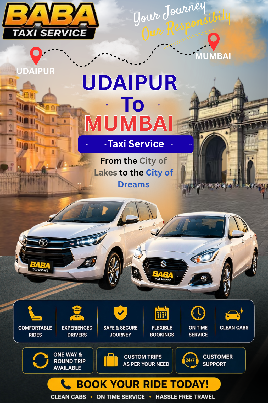 Udaipur to Mumbai taxi service – AC one way cab booking