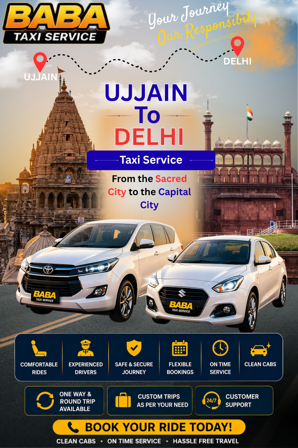 Ujjain to Delhi taxi service – AC one way cab booking